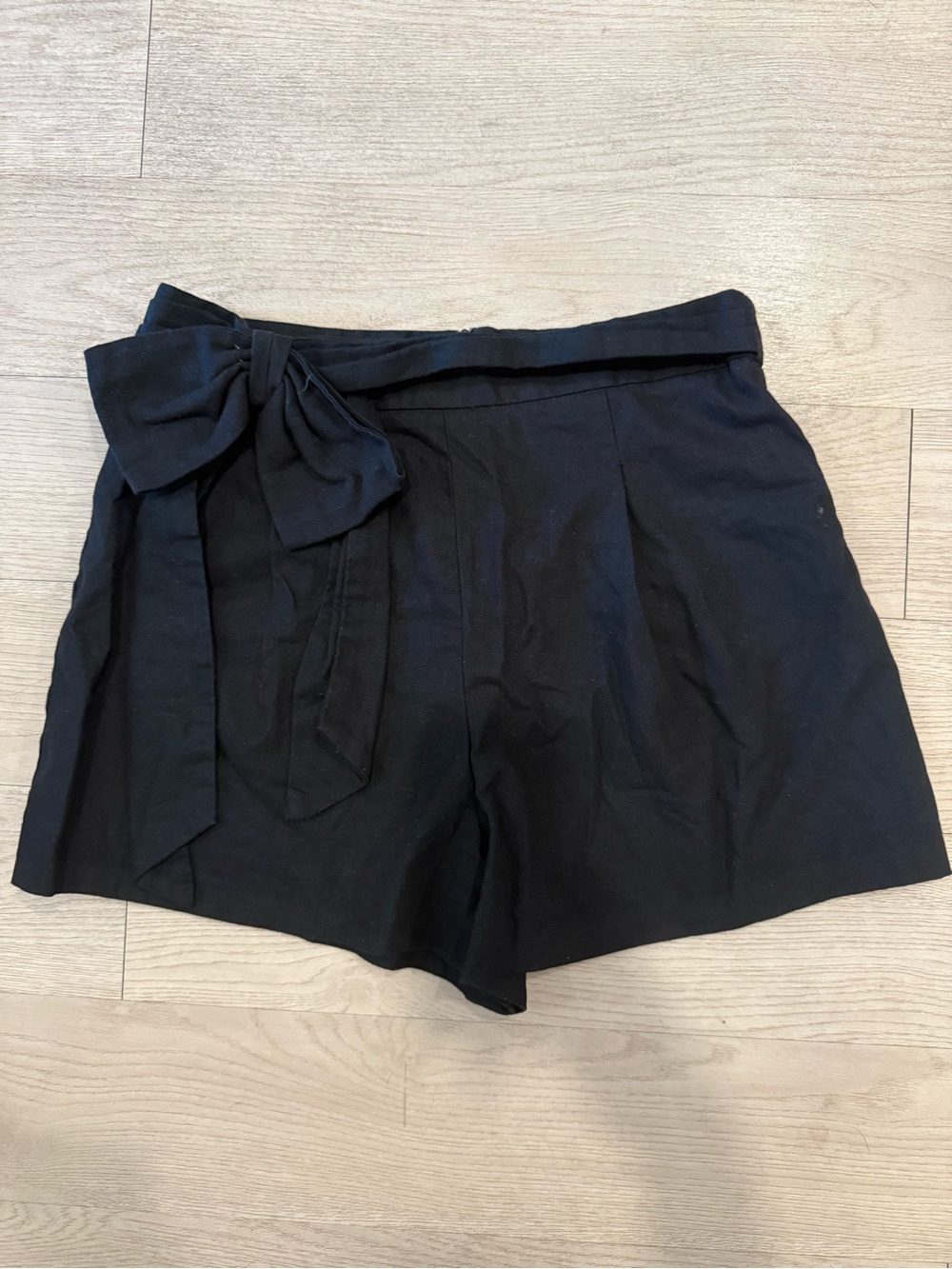 Black Linen Blend Shorts with Bow Tie High Waisted Shorts